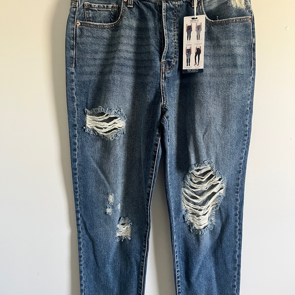 Forever 21 Blue Boyfriend Jeans Distressed Relaxed Fit